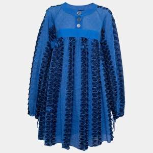 فستان ميني شانيل تريكو أزرق منقوش بأكمام طويلة مقاس متوسط - ميديوم