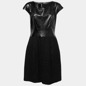 Chanel Black Leather & Tweed Midi Dress L