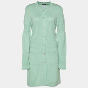 Chanel Mélange Green Cashmere Rib Knit Long Cardigan L