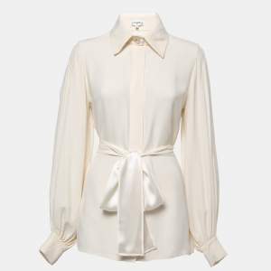 Chanel Cream Silk Belted Long Sleeve Shirt S