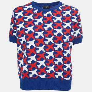 Chanel Blue/Red Airplane Patterned Cashmere Knit Top XL