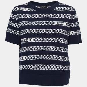 Chanel Navy Blue Chain Link Intarsia Cashmere Knit Top XL