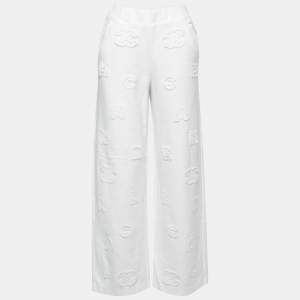 Chanel White Cotton Logo Detail Wide Leg Pants S