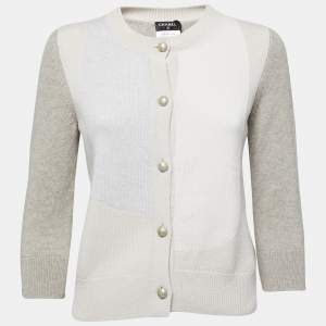 Chanel Beige Colorblock Cashmere Knit Button Front Cardigan M