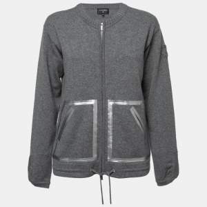 Chanel Grey Cashmere Silver Foil Detail Zip Up Sweater M