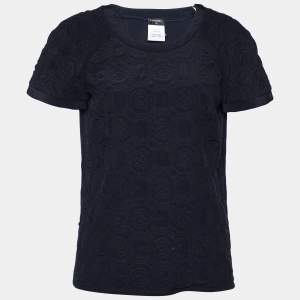 Chanel Navy Blue Floral Quilted Silk Top M