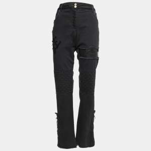 Chanel Black Denim Leather Patchwork Distressed Straight Fit Jeans L Waist 32"