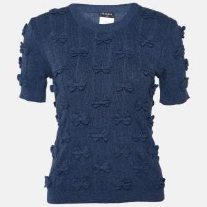 Chanel Navy Blue Cotton Knit Bow Applique Sweater Top M