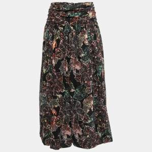 Chanel Black Leaf Printed Chiffon Silk Midi Skirt S