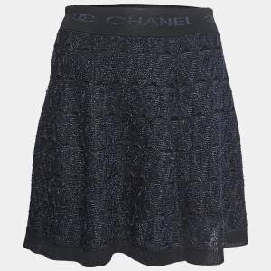 Chanel Navy Blue/Black Textured Knit Elastic Logo Waistband Mini Skirt S