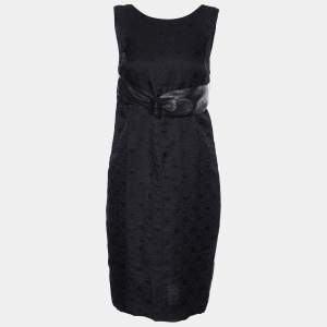 Chanel Black Patterned Sleeveless Belted Midi Dress M