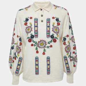 Pre Owned Chanel Cream Floral Patterned Wool Pullover M