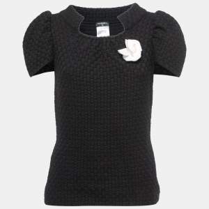 Chanel Black Patterned Wool Knit Cap Sleeve Top M
