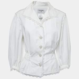Chanel White Cotton Pleated & Gathered Button Front Blouse M