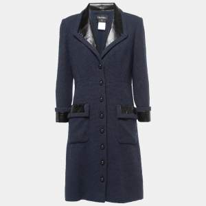 Chanel Navy Blue Terry Calfskin Trimmed Mid-Length Coat L