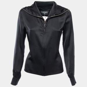 Chanel Black Satin Silk Zip Front Long Sleeve Blouse M
