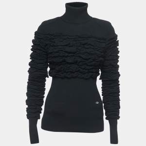 Chanel Black Wool Shirred Turtle Neck Sweater Top S