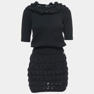 Chanel Black Cashmere Wool Knit Top & Skirt Set S