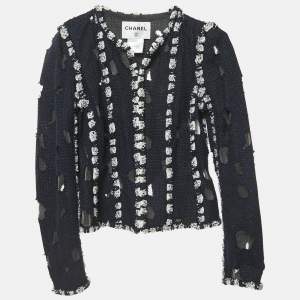 Chanel Navy Blue Tweed Iconic Distressed Zip Front Jacket M