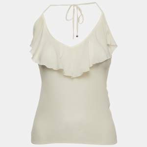 Chanel Off-White Silk Ruffled Halter Neck Top S