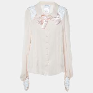 Chanel Pale Pink Silk Embellished Button Front Blouse M