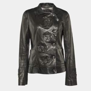 Chanel Black Camelia Cutout Leather Button Front Jacket M