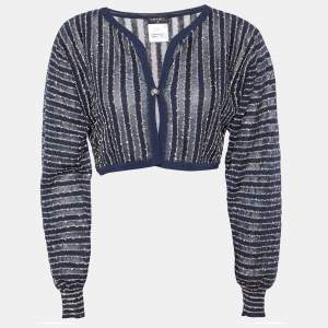Chanel Navy Blue Striped Lurex Knit Button Front Shrug M