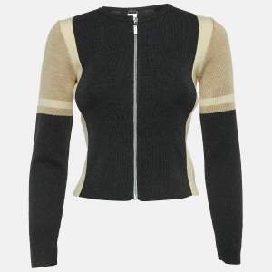 Chanel Beige/Grey Wool Zip Front Cardigan S