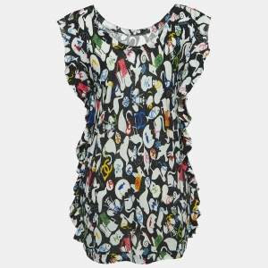 Chanel Black CC Illustration Print Cotton Jersey Ruffled Top L