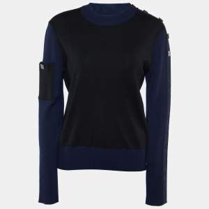 Chanel Navy Blue/Black Logo Patterned Wool High Neck Sweater L