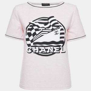 Chanel Pink Striped Logo Printed Terry T-Shirt S