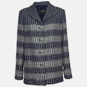 Chanel Blue Glitter Tweed Sequin Detail Long  Jacket L