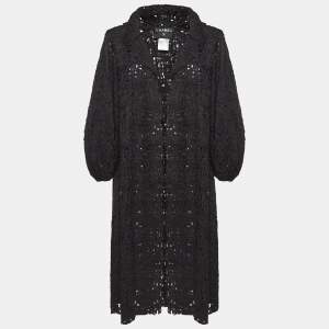 Chanel Black Silk Crochet Pattern Long Coat M