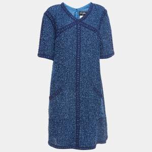 Chanel Blue Embroidered Tweed A-Line Midi Dress L