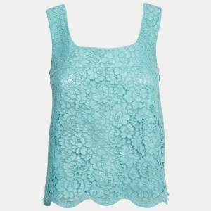 Chanel Blue Floral Pattern Lace Sleeveless Top S
