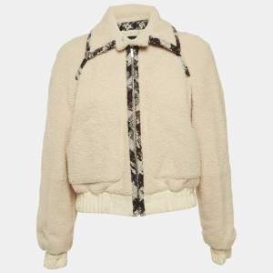 Chanel Off-White Logo Woven Shearling Zipper Jacket S