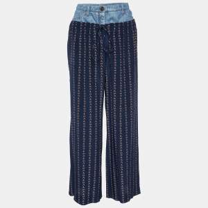 Chanel Navy Blue Printed Silk Denim Waistband Palazzo Pants M