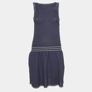 Chanel Navy Blue Cotton Knit Tie-Up Detail Sleeveless Mini Dress M   