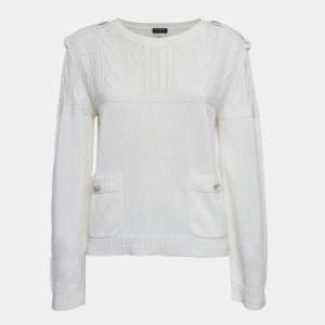 Chanel White Cable Knit Crew Neck Sweater L