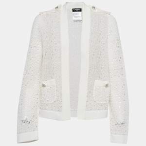 Chanel Off White Perforated Crochet Knit Open Front Cardigan M