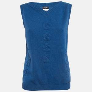 Chanel Blue Floral Textured Cashmere Knit V-Neck Vest M