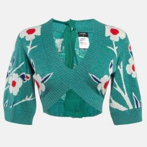 Chanel Blue Floral Intarsia Cashmere Knit Back Buttoned Cropped Sweater S
