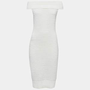 Chanel White Cotton Rib Knit Off-Shoulder Fitted Midi Dress L