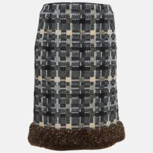 Chanel Black/Grey Patterned Wool Fur Trimmed Skirt S
