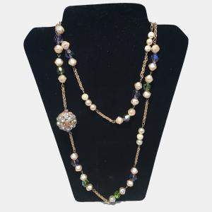 Chanel Vintage Pearl And Green And Purple Beaded Necklace With Crystal Ball
