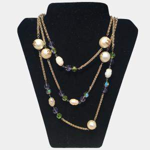 Chanel Vintage Large Pearls And Green And Purple Crystal Bead Gold Necklace