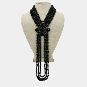 Chanel Black Beaded Multi Strand Emblem Necklace