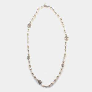 Chanel Crystal Pearl CC Silver Long Necklace 