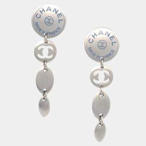 Pre Owned Chanel Button Silver Dangle Piercing Earrings