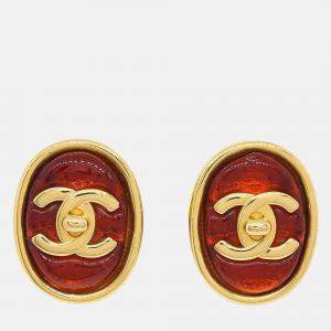 Pre Owned Chanel Gripoix Oval Red Turnlock Earrings
